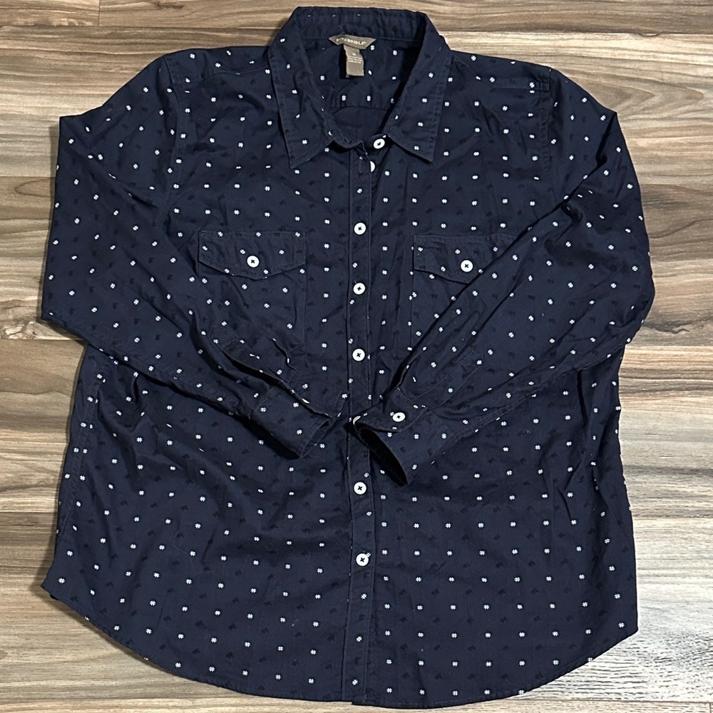 Bit & Bridle Womens 1X Horse Print Navy Long Sleeve Button Up Shirt